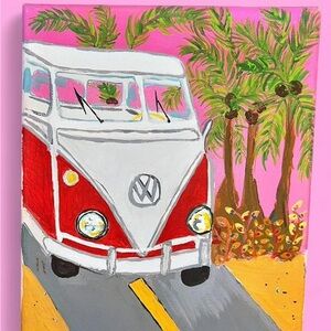 Volkswagen bus red Vibrant Van and Palm Trees Canvas Art
